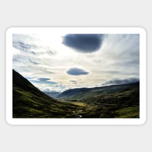 Lenticular clouds over Glen Shee, eastern Perthshire, Scotland Sticker